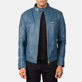 Natis Blue Leather Biker Jacket